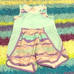 Blue and purple activewear shorts and tank top set